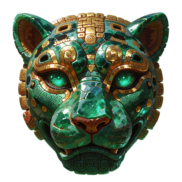 Ceremonialna jadeitowa maska jaguara ze złotymi inkrustacjami - symbol slotu Jade Jaguar Mask