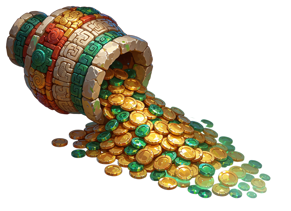 Złote monety i jadeitowe krążki spływające z ceremonialnego naczynia - symbol cashbacku w Tikal Casino