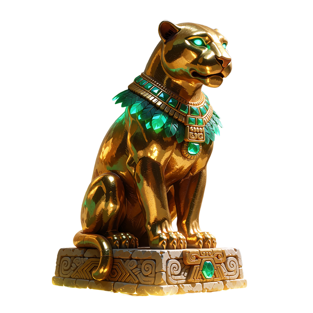 Złota figurka jaguara z jadeitową obrożą - symbol statusu w programie VIP Tikal Casino