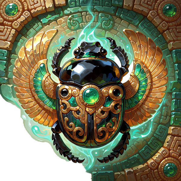 Rzeźbiony obsydianowy skarabeusz ze złotą inkrustacją i jadeitowym kamieniem - symbol slotu Obsidian Scarab