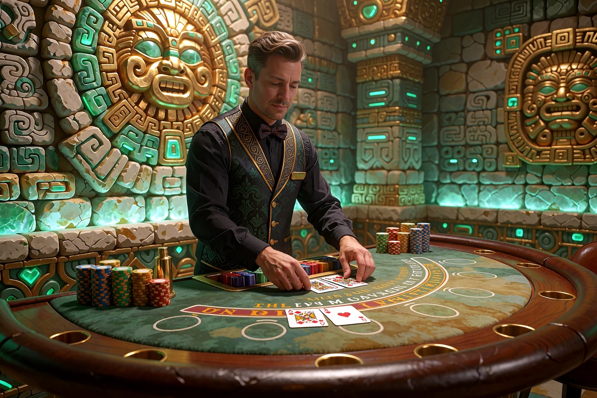 Krupier rozdający karty przy stole blackjacka w studiu kasyna na żywo w klimacie świątyni Maj&oacute;w