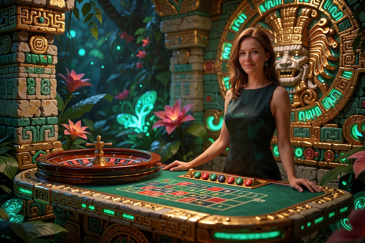 Krupierka przy stole ruletki w studiu kasyna na żywo w klimacie dżungli Tikal Casino